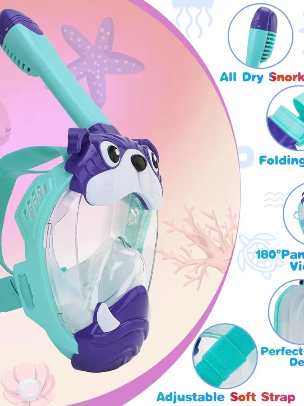 Kids Full Face Snorkel Mask - Teal & Purple